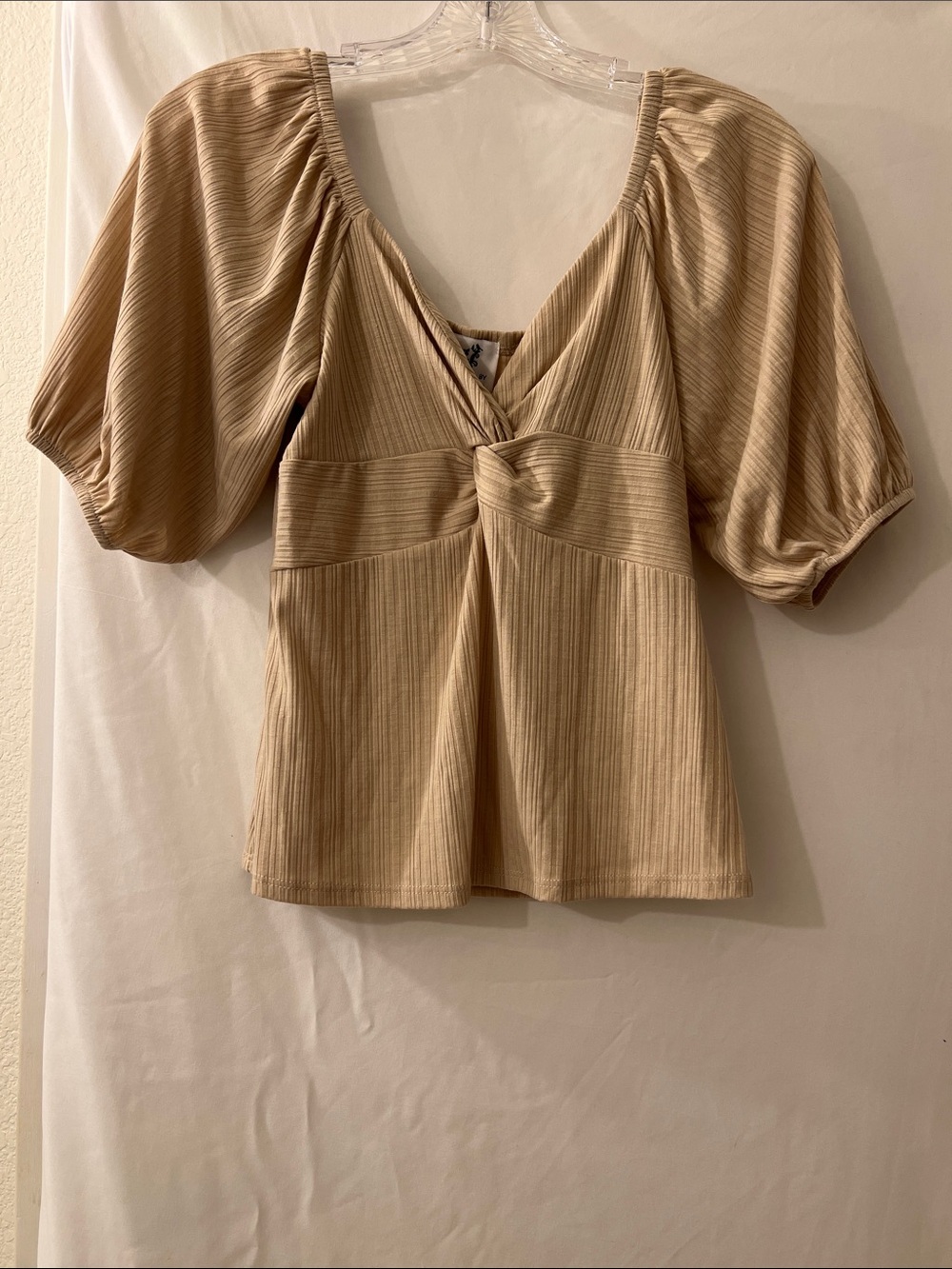 Twist-Front Puff Sleeve Blouse in Light Beige